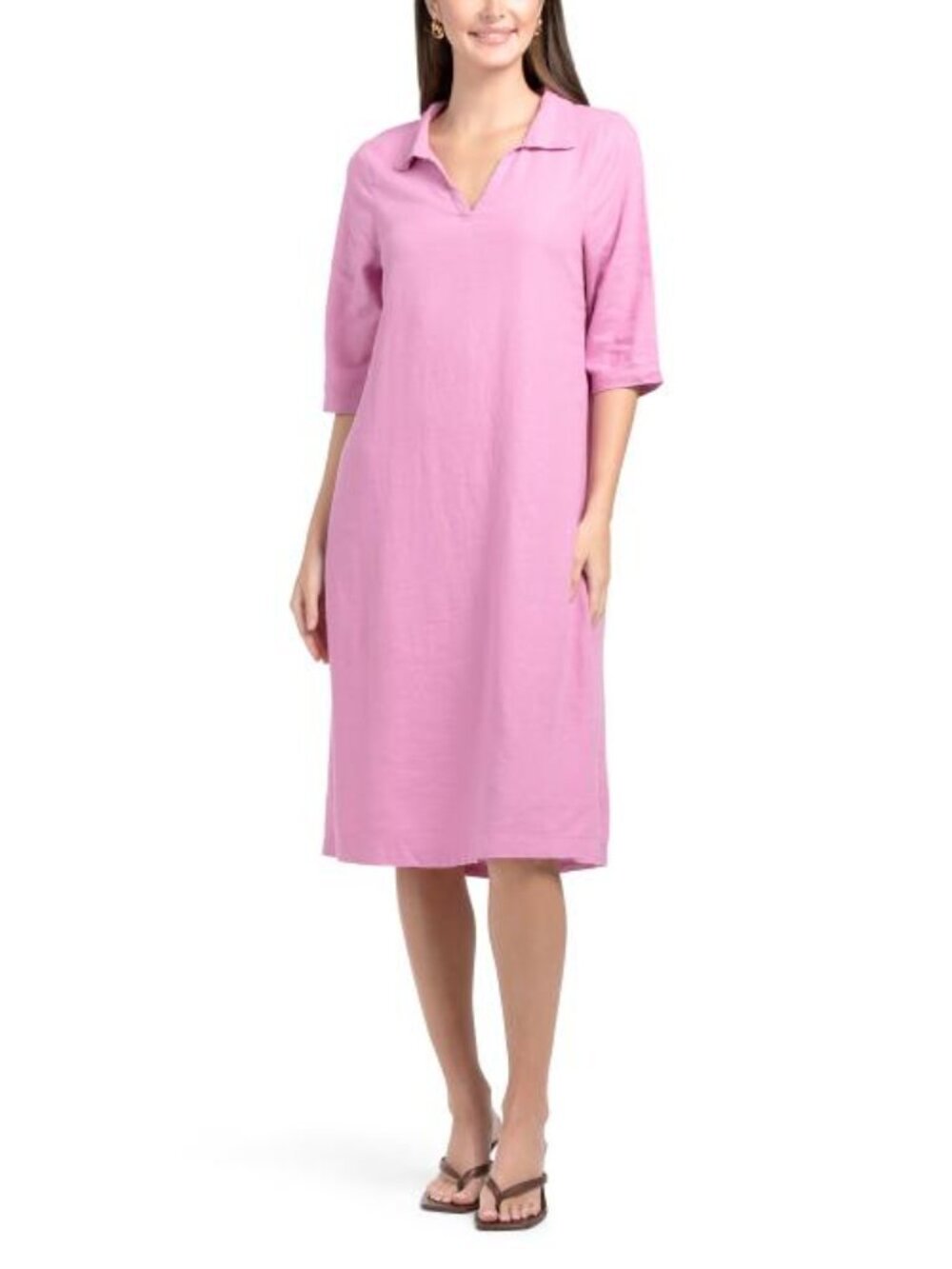 4 OUR DREAMERS Linen Blend V-neck Three-quarter Sleeve Midi Dress